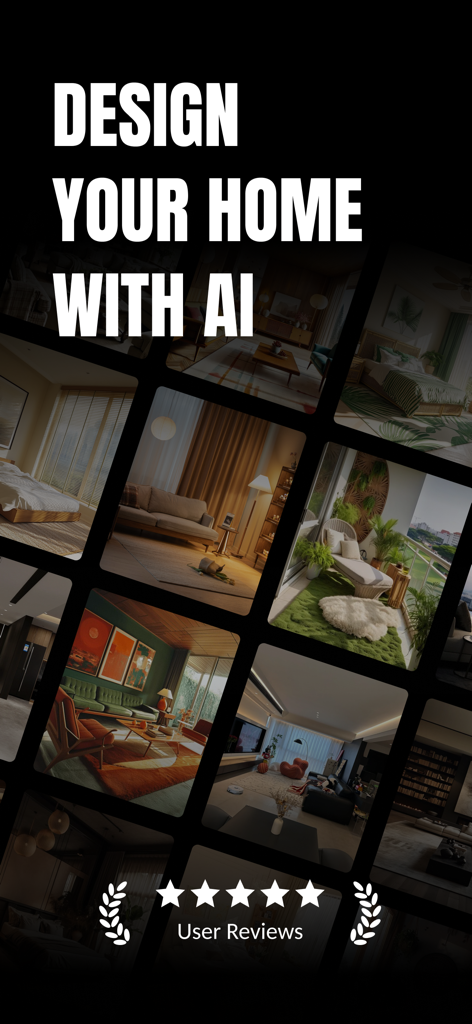 A collage showing various interior design room concepts generated by AI for the Home Design app