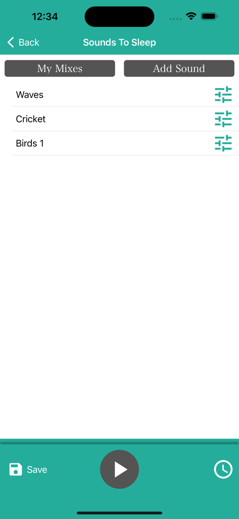Interface of the Sounds To Sleep app showing a custom sound mix with waves and crickets