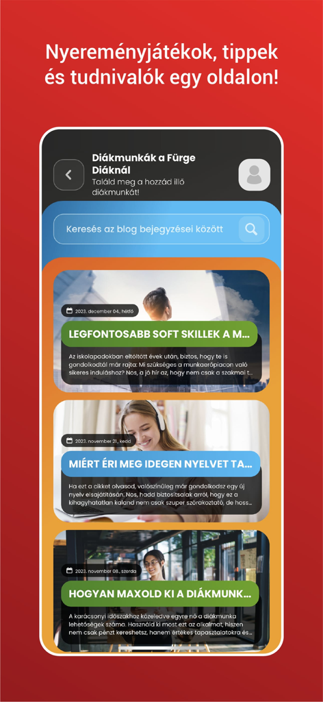 Fürge Diák Iskolaszövetkezet - Interface of the Furge Diak app showing a blog feed with tips and articles for student job seekers