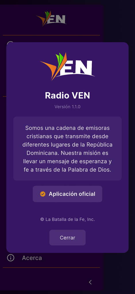 Radio VEN 1200 AM - Pantalla "Acerca de" de la aplicación Radio VEN mostrando su misión de proporcionar contenido cristiano