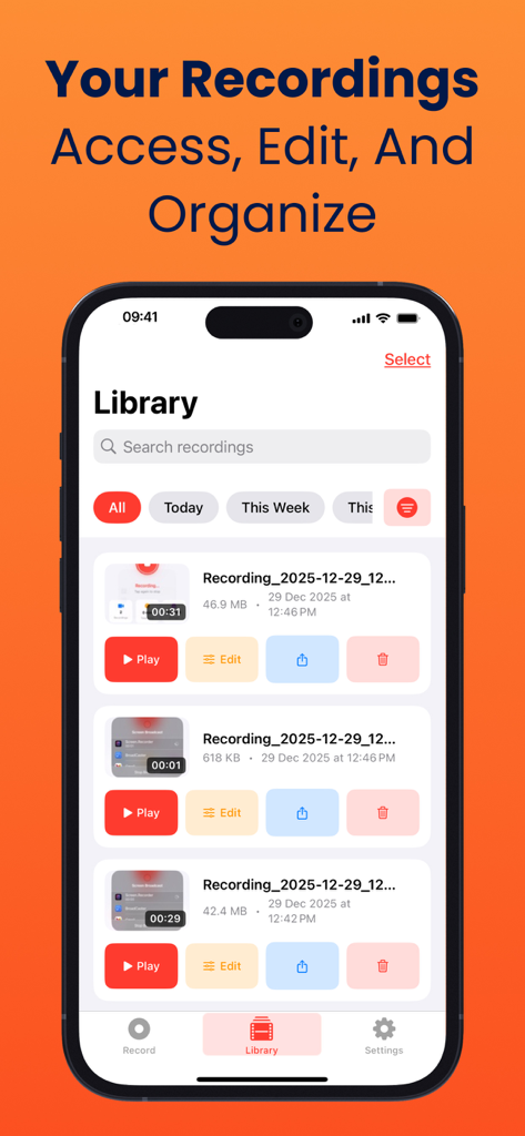 Screen Recorder: Record Video - Screen recorder app library interface showing a list of recorded videos with options to play edit and share