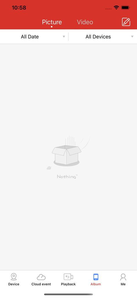 Tela do álbum do aplicativo de câmera de segurança TSEYE mostrando nenhuma imagem ou vídeo capturado