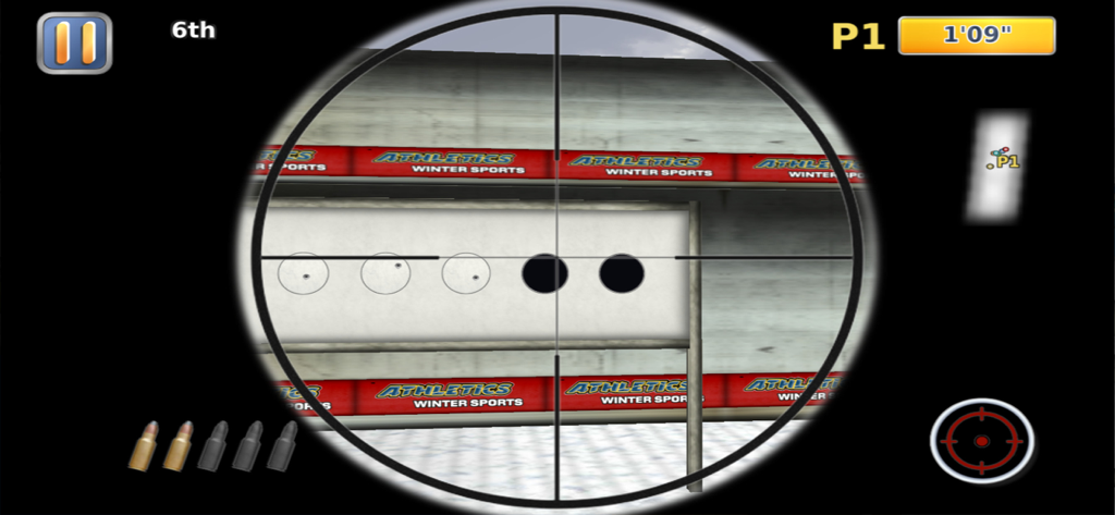 Rifle scope view of the biathlon shooting event in Athletics 2 Winter Sports Pro