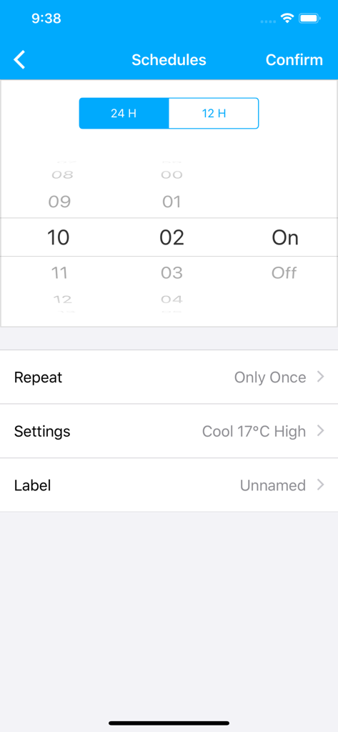 Midea Air app interface for scheduling air conditioning times and settings.