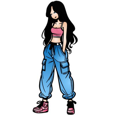 girl in baggy pants crop top and long hair