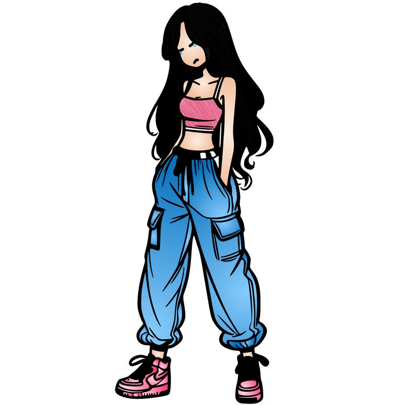 girl in baggy pants crop top and long hair