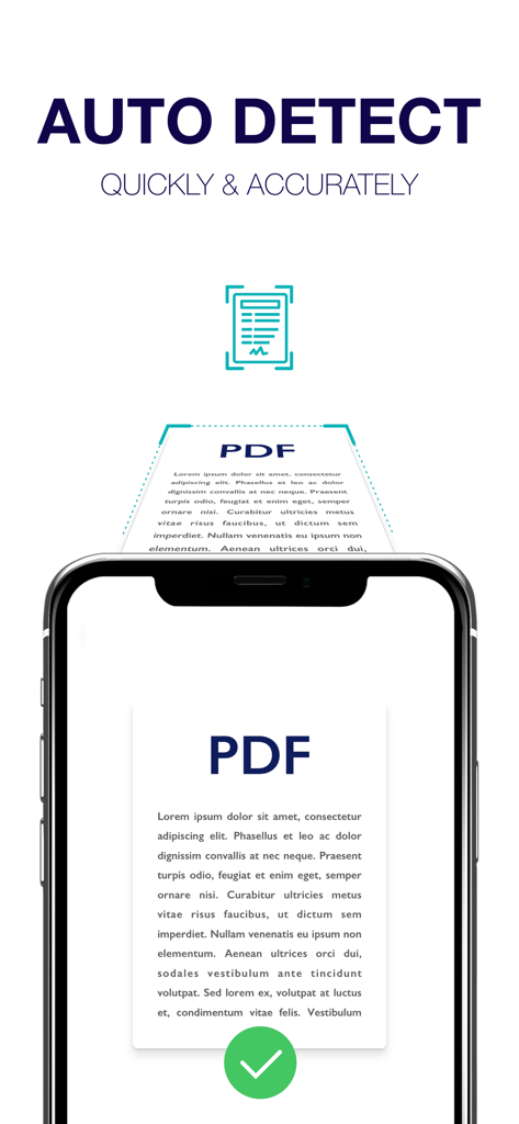 Scanner - Edit PDF & documents - Uno schermo di smartphone che dimostra la funzione di rilevamento automatico per scansionare documenti PDF in modo rapido e accurato.