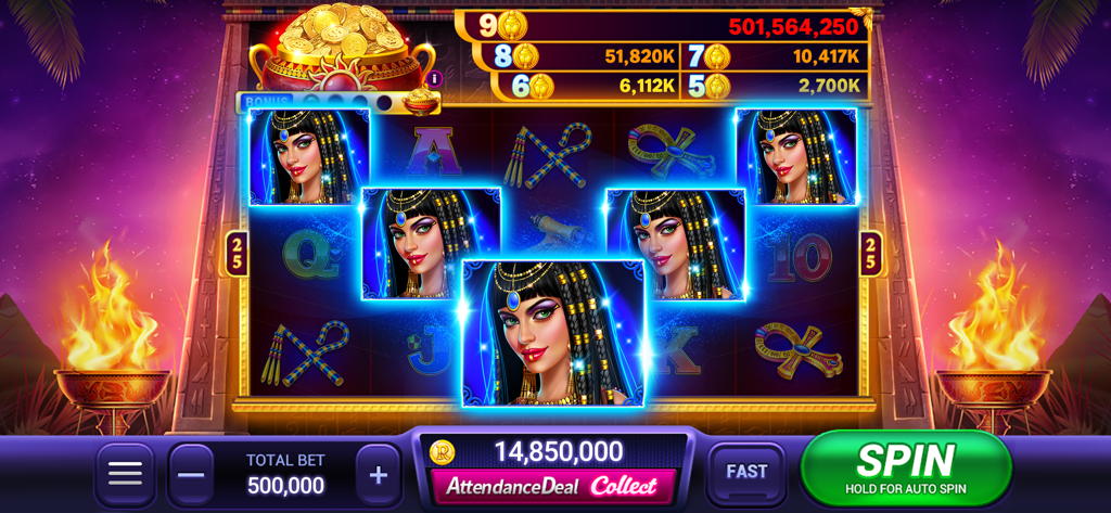 Rock N Cash Casino Egyptian themed slot game interface featuring Cleopatra symbols and jackpot rewards