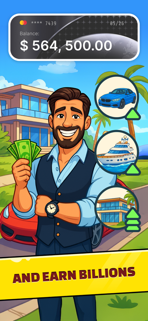 Business Empire: RichMan - Um empresário segurando dinheiro ao lado de um carro de luxo, iate e mansão com um alto saldo bancário em Business Empire RichMan