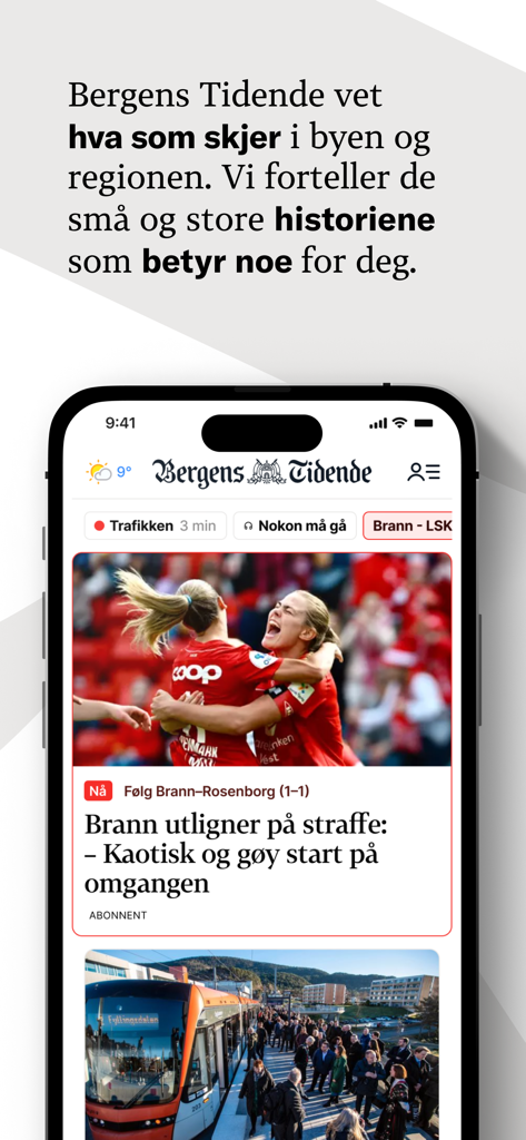 Bergens Tidende - Bergens Tidende mobile app interface showing local news and football updates from Western Norway