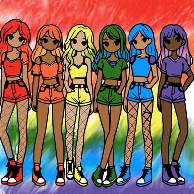 a group of girls wearing crop tops and shorts