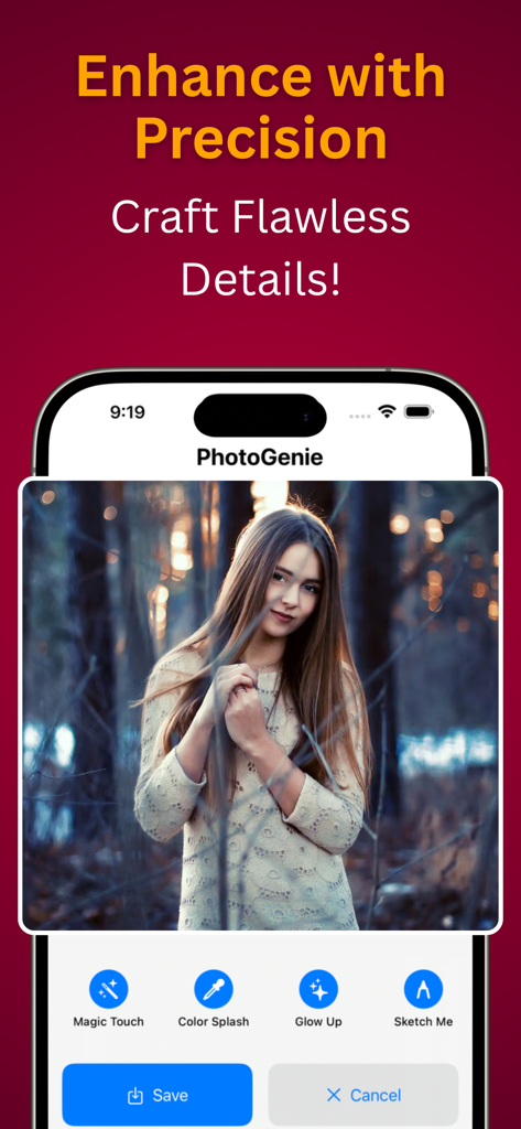 PhotoGenie Ultra - Interface de l'application mobile PhotoGenie Ultra montrant les outils d'édition de photos et un portrait