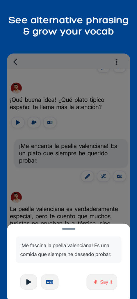 Langua: AI language learning - Una captura de pantalla de la aplicación Langua que muestra una conversación en español con un tutor de IA resaltando sugerencias de frases alternativas para mejorar el vocabulario.