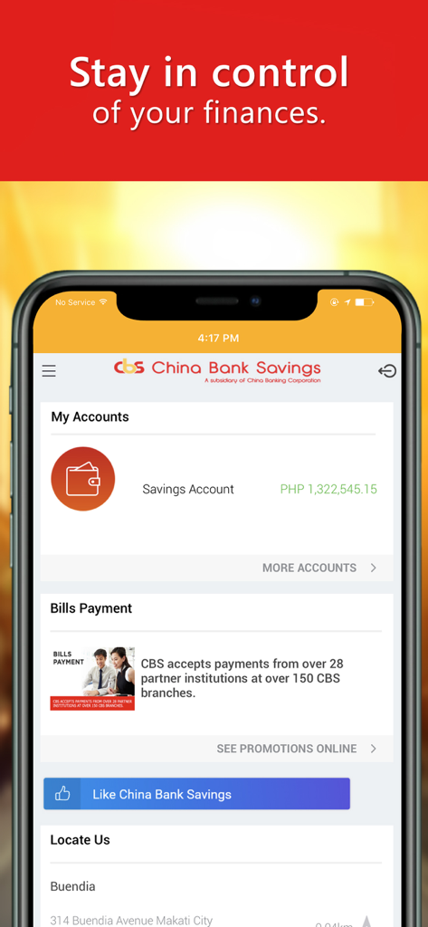 CBS Personal Mobile App - China Bank Savings mobile app interface showing account balance and bills payment section