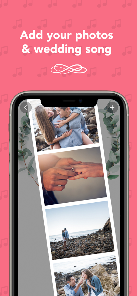 Wedding Planner ‎ - 結婚式の写真ギャラリーと音楽追加のプロンプトを表示するモバイルアプリ画面。