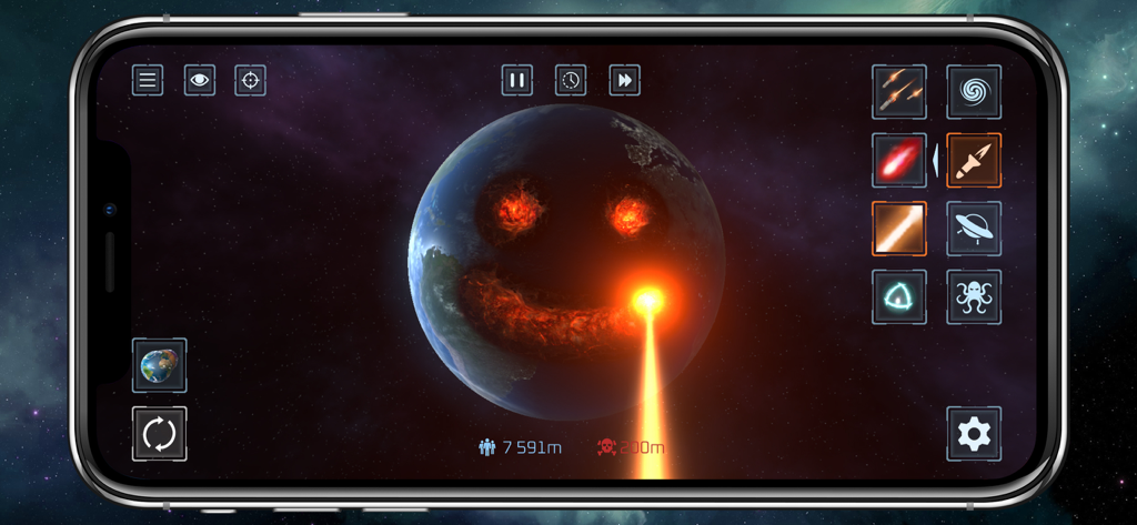 Gameplay di Solar Smash che mostra un raggio laser che incide una faccina sorridente sulla Terra