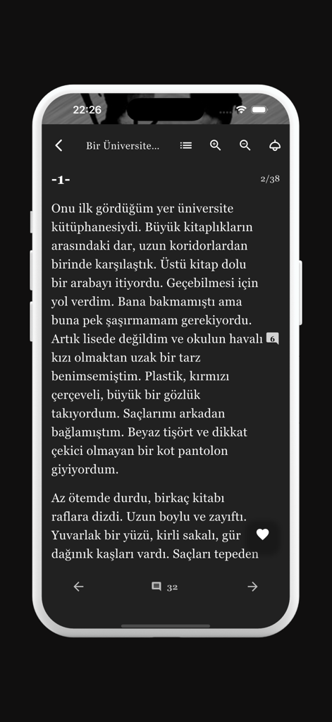 Kittap - Read & Write Books - Mobile screen of Kittap app showing a story chapter in dark mode with user engagement buttons.
