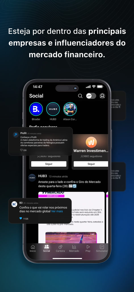 HUB3 - Gestão de Investimentos - Pantalla de smartphone mostrando la red de inversión social HUB3 con actualizaciones de mercado y perfiles de influencers
