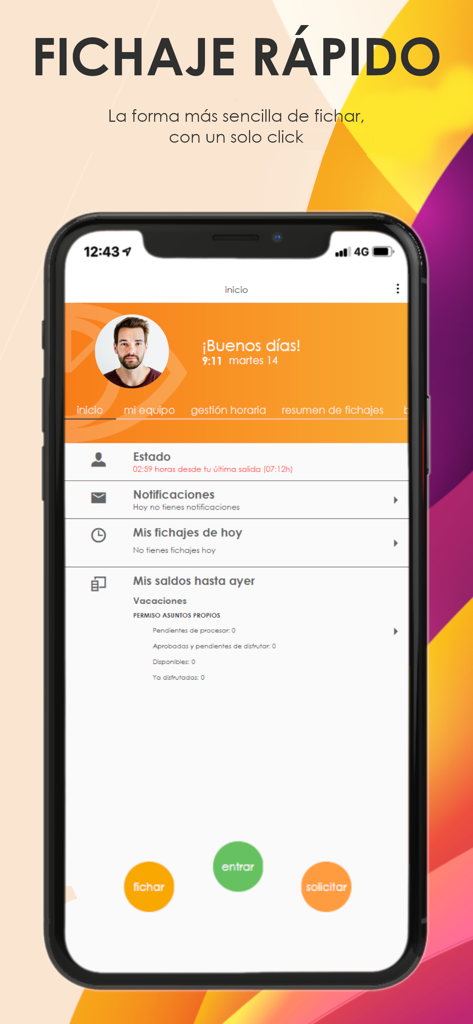 VisualTime Portal app home screen showing the quick clock in feature and employee dashboard.