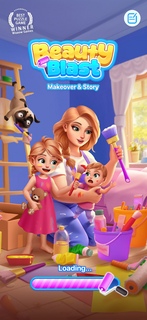 A mother and her daughters painting a room in the Beauty Blast Makeover and Story loading screen.