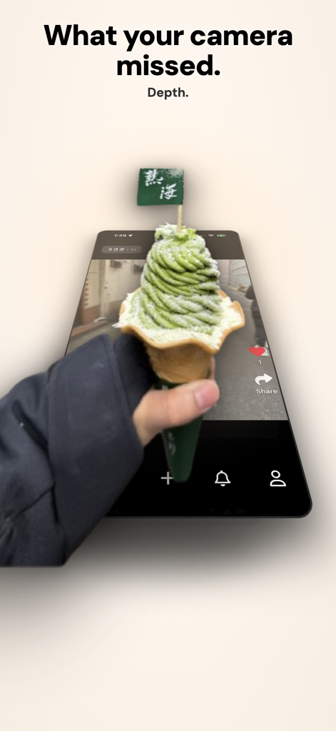 A 3D interactive model of a matcha ice cream cone popping out of a smartphone screen