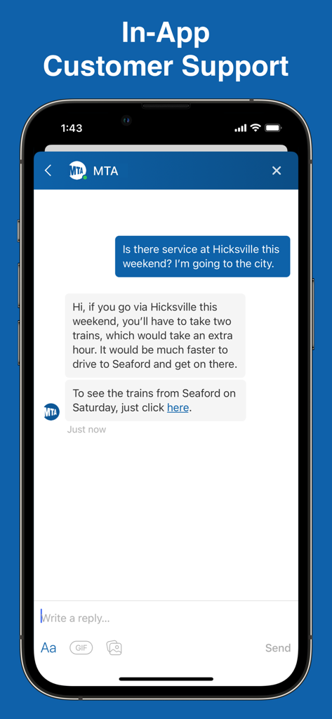 MTA TrainTime app interface showing in-app customer support chat