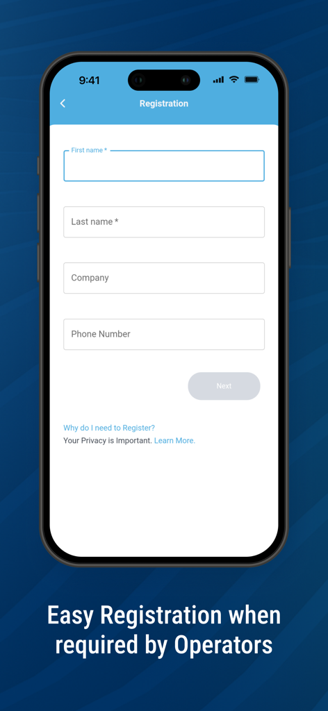 CEL-FI WAVE - Écran d'enregistrement de l'application Cel-Fi Wave montrant les champs pour le prénom, le nom, l'entreprise et le numéro de téléphone