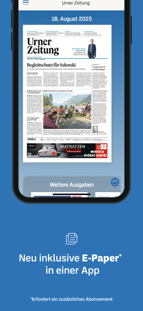 Smartphone screen displaying the Urner Zeitung e-paper interface