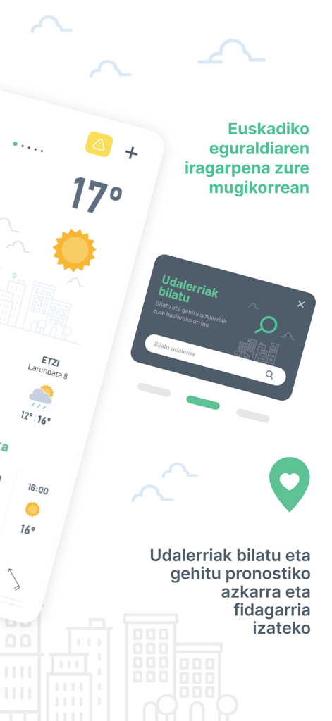 Interfaz de la aplicación meteorológica vasca Euskalmet mostrando el pronóstico de temperatura local y la búsqueda de municipios en euskera.