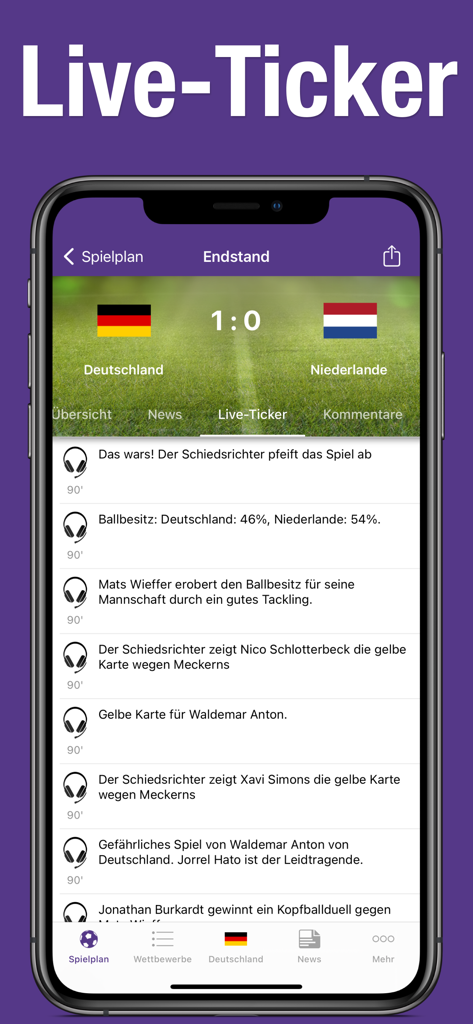 Écran de live-ticker de l'application CM 2026 montrant les résultats des matchs de football entre l'Allemagne et les Pays-Bas