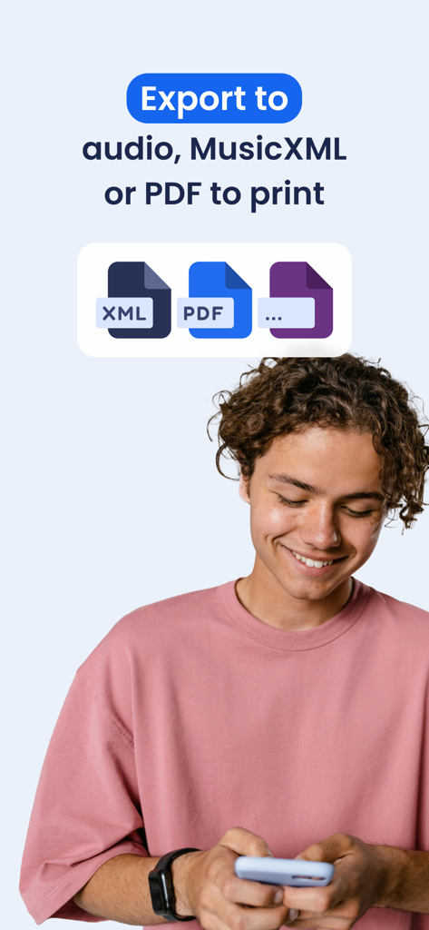 Flat: Music Score & Tab Editor - Ein junger Musiker, der sein Handy nutzt, um Notenpartituren als PDF- und XML-Dateien in der Flat-App zu exportieren