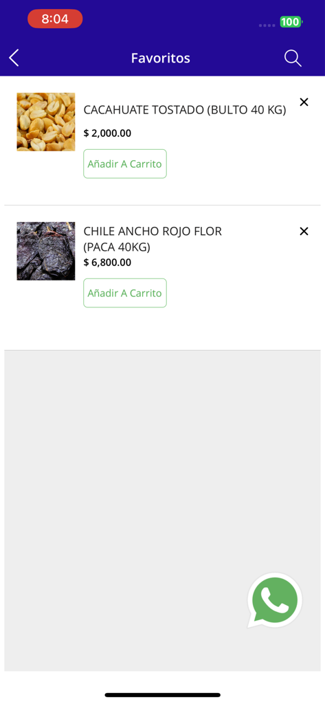 Mayoreo Online - Lista de favoritos en la aplicación Mayoreo Online que muestra cacahuates tostados a granel y chile ancho rojo.