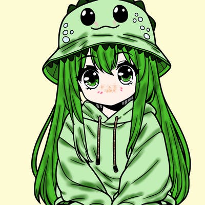 girl with anime shaped eyes with a dinosaur bucket hat oversized sweatshirt long straight hair