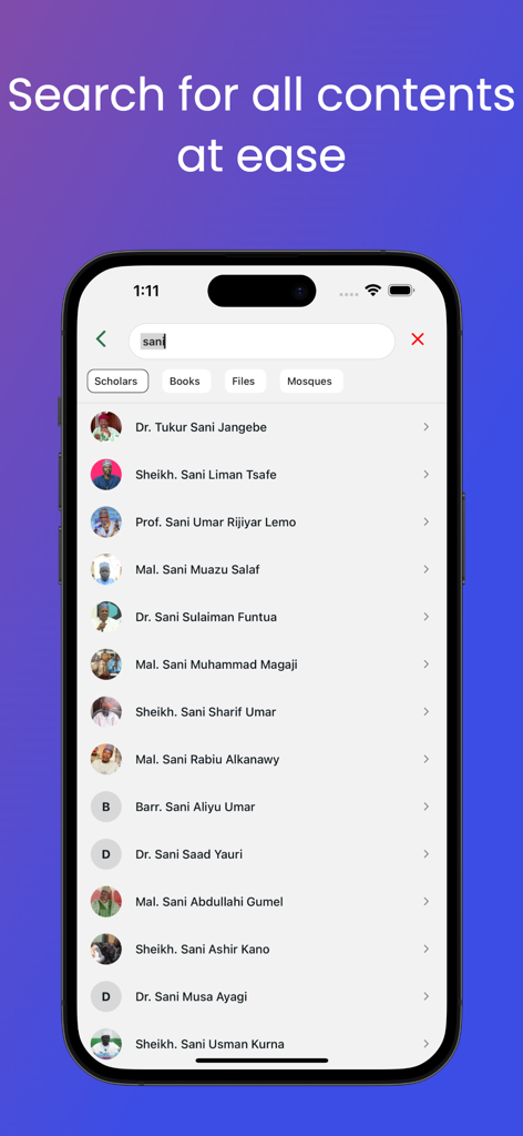 Darulfikr Pro search interface showing a list of Islamic scholars