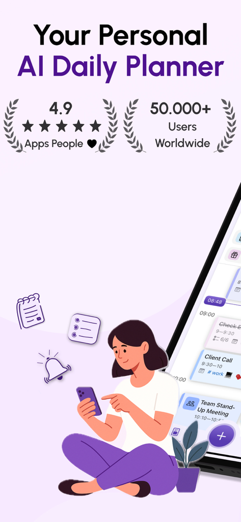 Simplified AI Daily Planner app intro screen showing high user rating and professional daily schedule