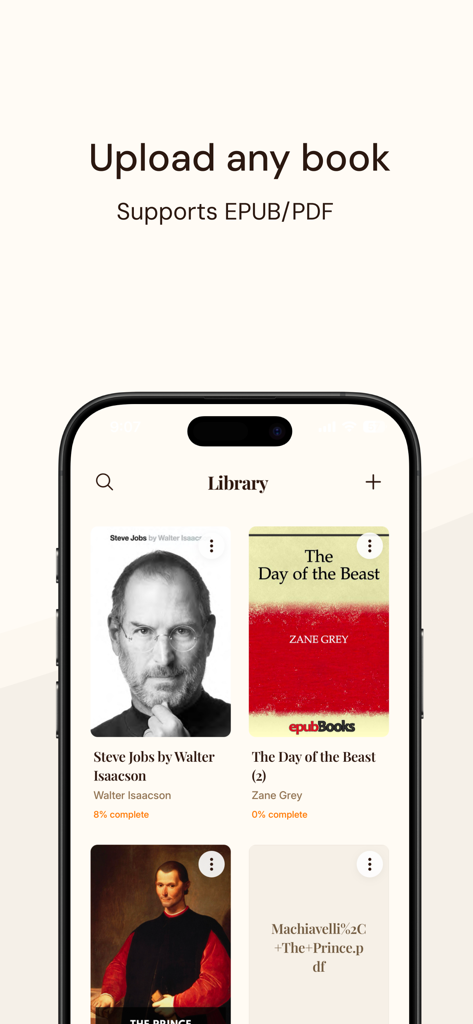 Mythos - AI Book Reader - Mythos AI Book Reader app library interface with EPUB and PDF support