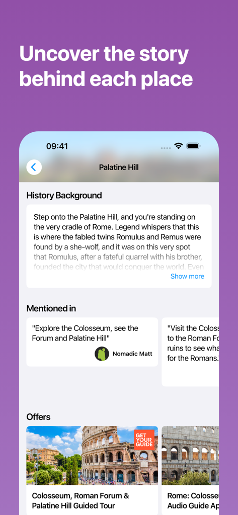 TravelBuddy AI App-Bildschirm, der einen historischen Hintergrund und Tourangebote für den Palatin-Hügel in Rom zeigt