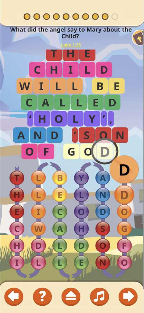 Interactive word puzzle game in the SunScool app where children complete a Bible verse about Jesus by selecting letters from colored bubbles