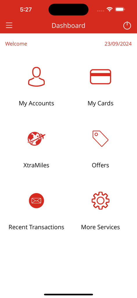 La interfaz del panel de la aplicación móvil AfrAsia Cards con iconos para cuentas, tarjetas, millas y ofertas.