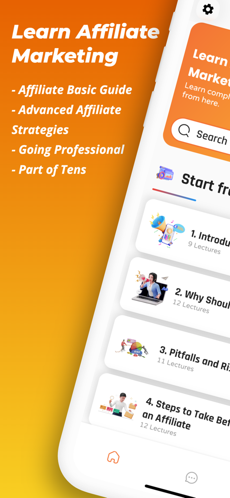 Learn Affiliate Marketing Proアプリのスクリーンショット。トレーニングモジュールとレッスンの構造化されたリストが表示されます。