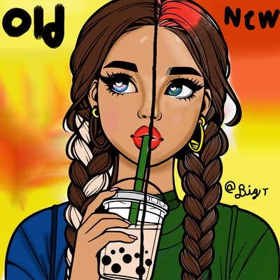 realistic girl with braided hair drinking boba