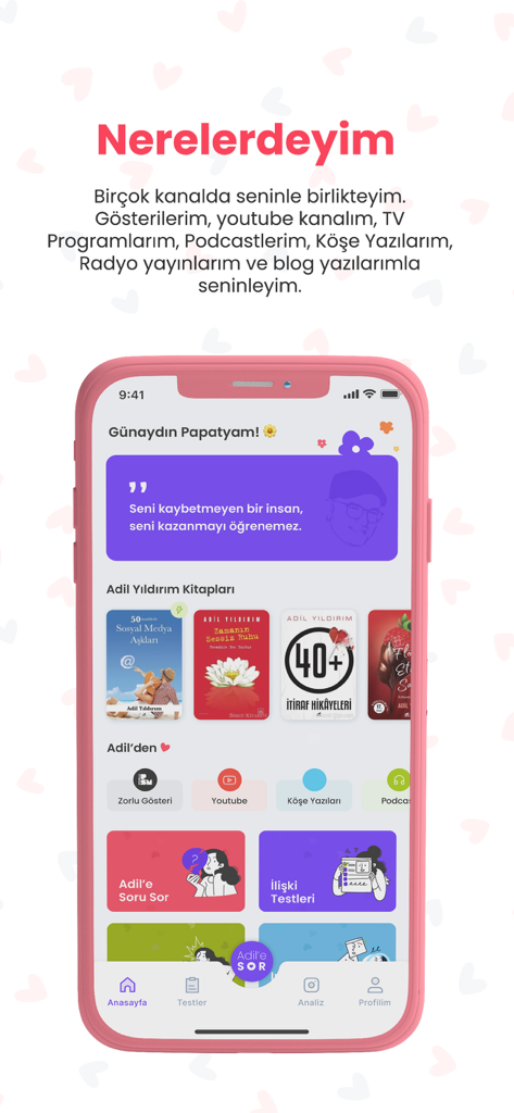 Main interface of the Adile Sor relationship coaching app showing books and consulting options