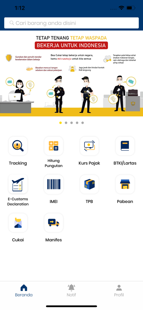 Mobile Beacukai - Mobile Beacukaiアプリのホーム画面。追跡、税金計算、e-Customs申告などの機能が表示されています。