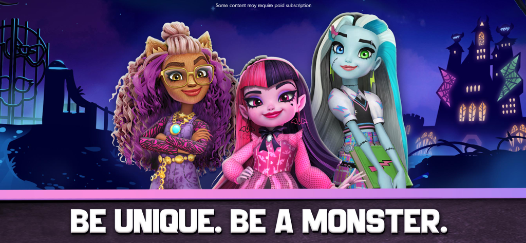 Monster High Fangtastic Life - ドラキュローラ、クロウディーン・ウルフ、フランキー・シュタインのモンスター・ハイのキャラクターたちが一緒に立っており、「自分らしく、ユニークに、モンスターになろう」というスローガンが表示されている