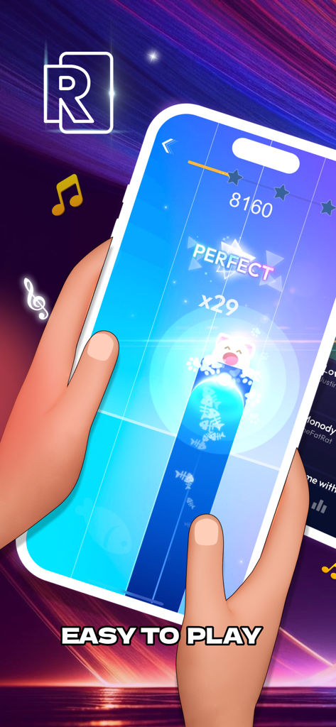 Rhythm Tiles : Piano Game - Primer plano de una persona jugando a Rhythm Tiles Piano Game en un smartphone, mostrando una ficha deslizante y una puntuación de combo perfecta