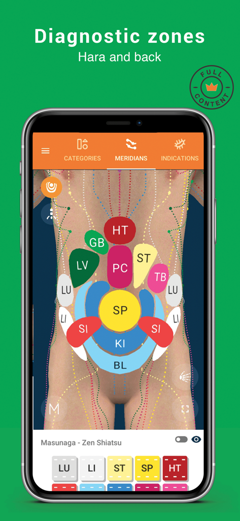 Tsubook - Tsubook app screen showing Hara diagnostic zones on a 3D torso model for Masunaga Zen Shiatsu
