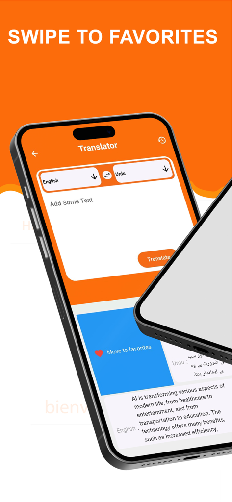Speak & Translate All Language - Mobile app interface displaying English to Urdu translation with a swipe to favorites feature.