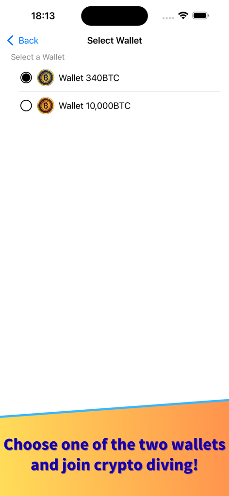 CryptoDiver - CryptoDiver app interface for choosing a bitcoin wallet to begin diving