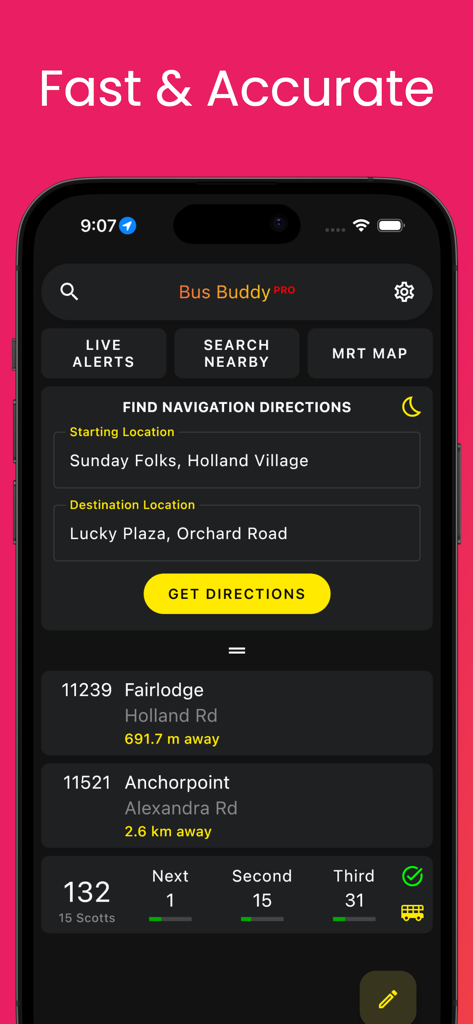 SG Bus Buddy app interface showing bus arrival timings and navigation directions in dark mode.