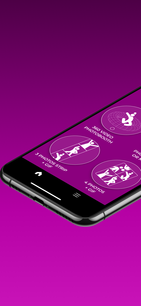 funEvent 360 photo booth - Smartphone screen displaying various photo booth modes including 360 video and photo strips for the funEvent 360 app